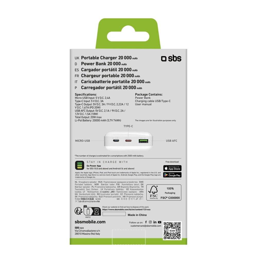 SBS Powerbank 20.000 mAh Power Delivery 20W Multi-Port weiss 5 V Weiß-5