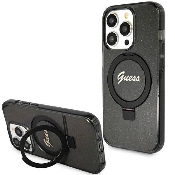 Guess Ring Stand Script Glitter MagSafe-Hülle iPhone 15 Pro Max – Schwarz-5