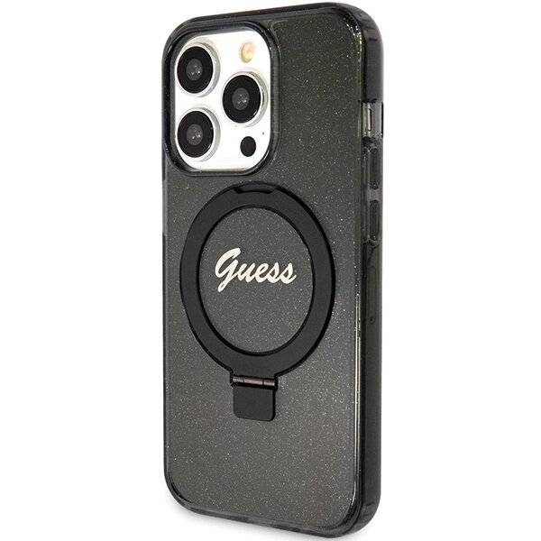 Guess Ring Stand Script Glitter MagSafe-Hülle iPhone 15 Pro Max – Schwarz-1
