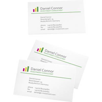 Visitenkarte eines Investmentberaters mit Name 'Daniel Connor', Adresse in München, Kontaktinformationen und bunte Balkendiagramm-Logo.