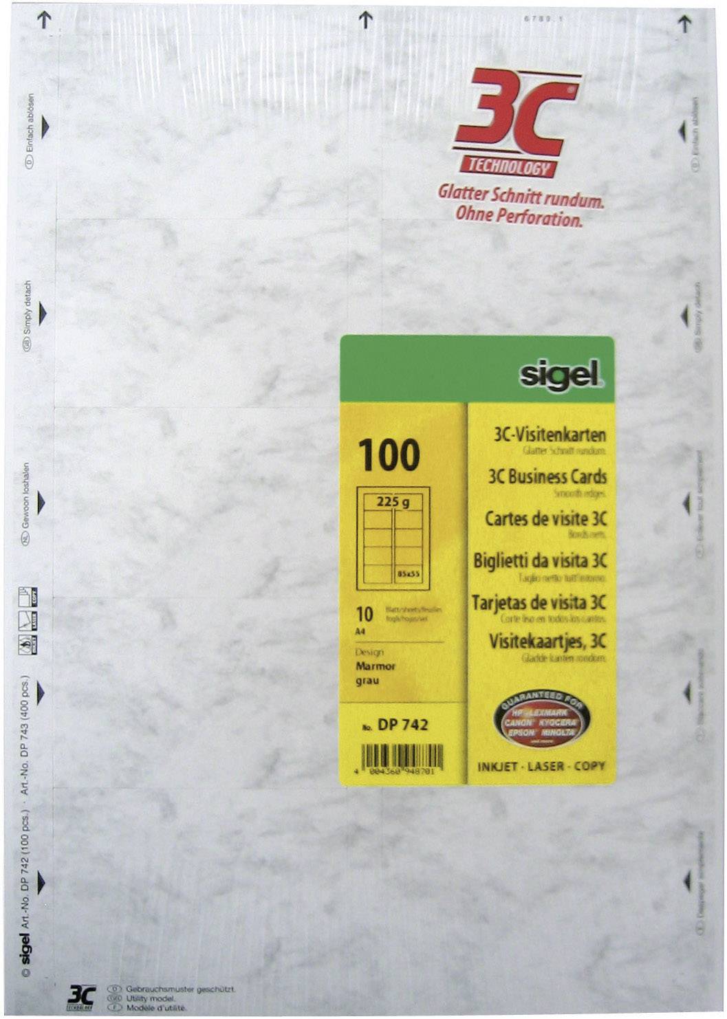 SIGEL Visitenkarten, 3C, glatter Schnitt rundum, 225 g/m², Marmor grau, 100 Stück-0