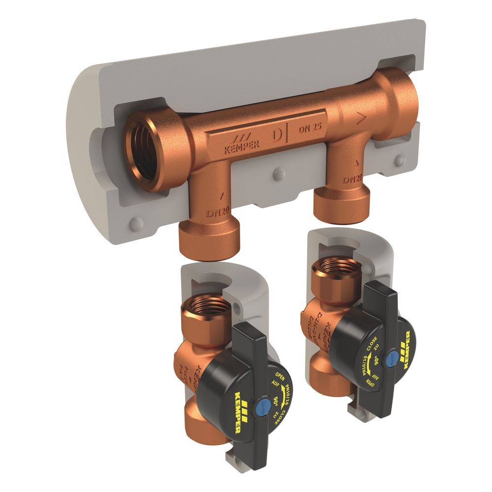 Kemper KHS Venturi-Strömungsteiler-Gruppe dynamisch, AP, DN 32/20/15 IG, PN 16, 90 Grad C, mit Dämmschale, Figur 650 06