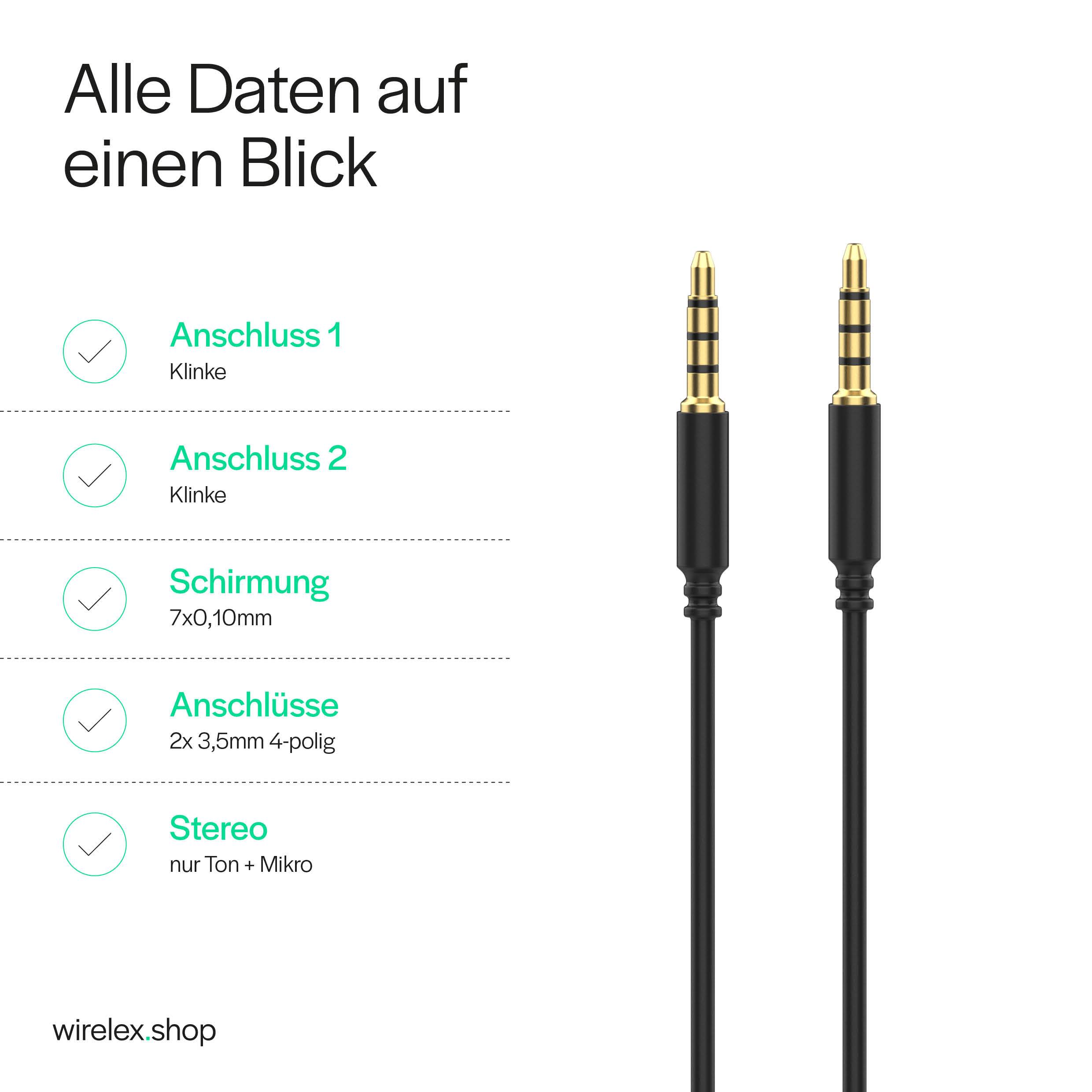 KABELBUDE.EU Klinkenkabel 3,5-mm-Stecker auf 3,5-mm-Stecker 4-polig vergoldet 1,5 m Schwarz-3