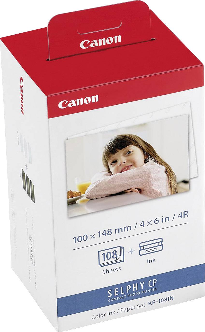 Verpackung einer Canon Selphy CP Tinten- und Papierpatrone, geeignet für 100 Fotos in 10x15 cm. Enthält Abbildung eines lächelnden Kindes.