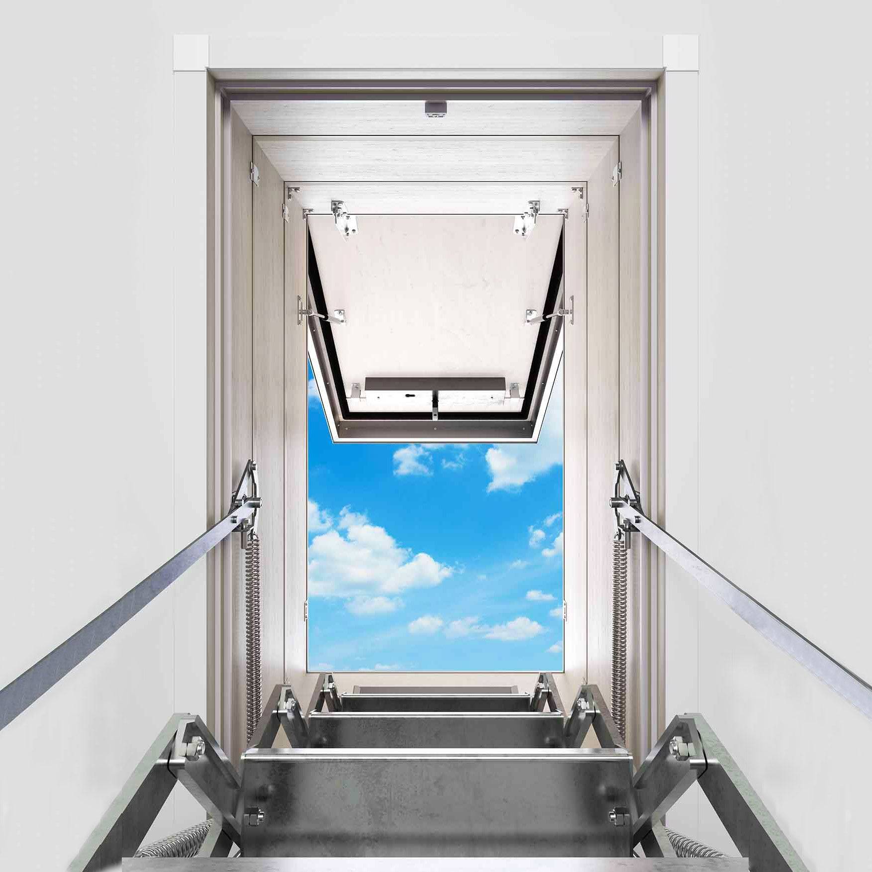 Dolle Flachdachausstieg clickFIX® vario Aluminium-Scherentreppe 140 x 70 cm 1 Zwischenrahmen 347 – 386 cm Raumhöhe-1