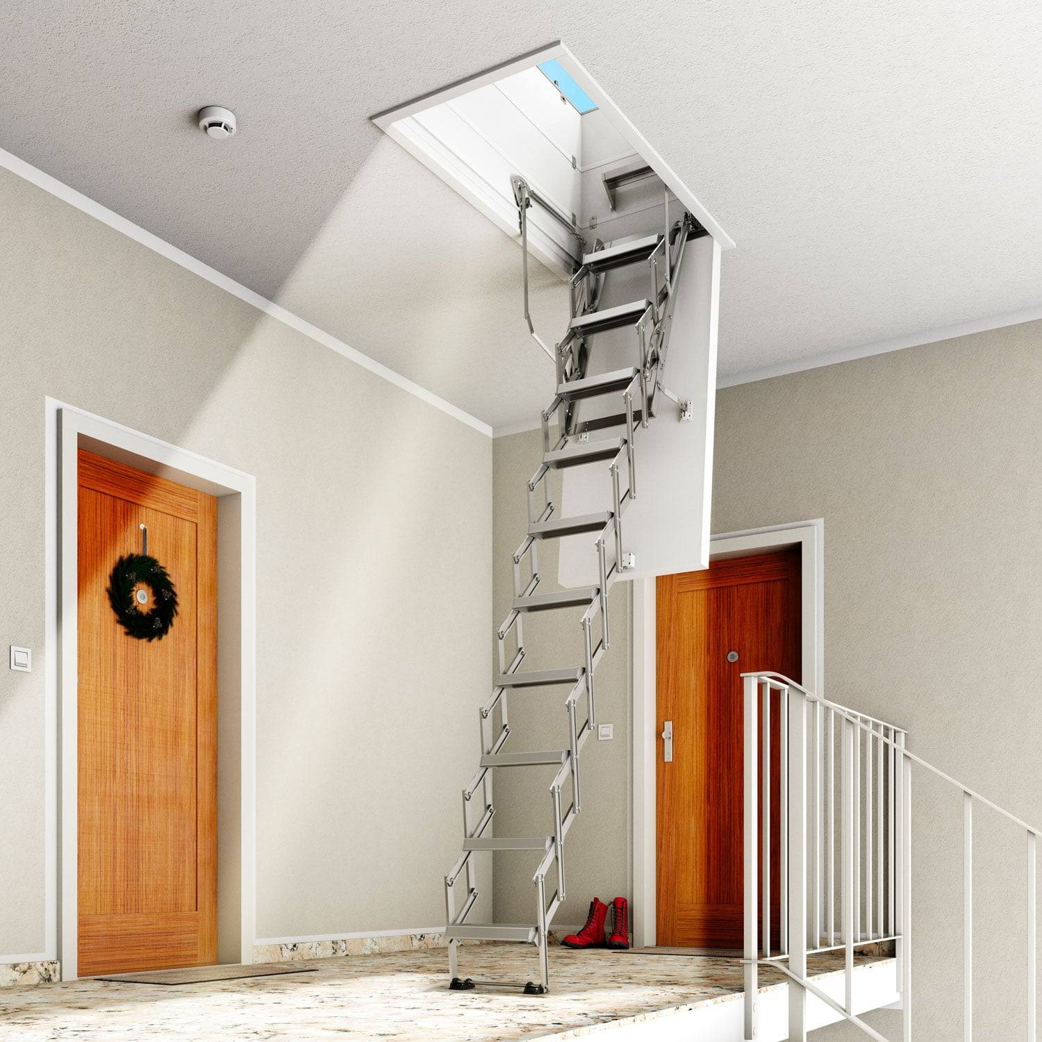 Dolle Flachdachausstieg clickFIX® vario Aluminium-Scherentreppe 140 x 70 cm 1 Zwischenrahmen 347 – 386 cm Raumhöhe-2