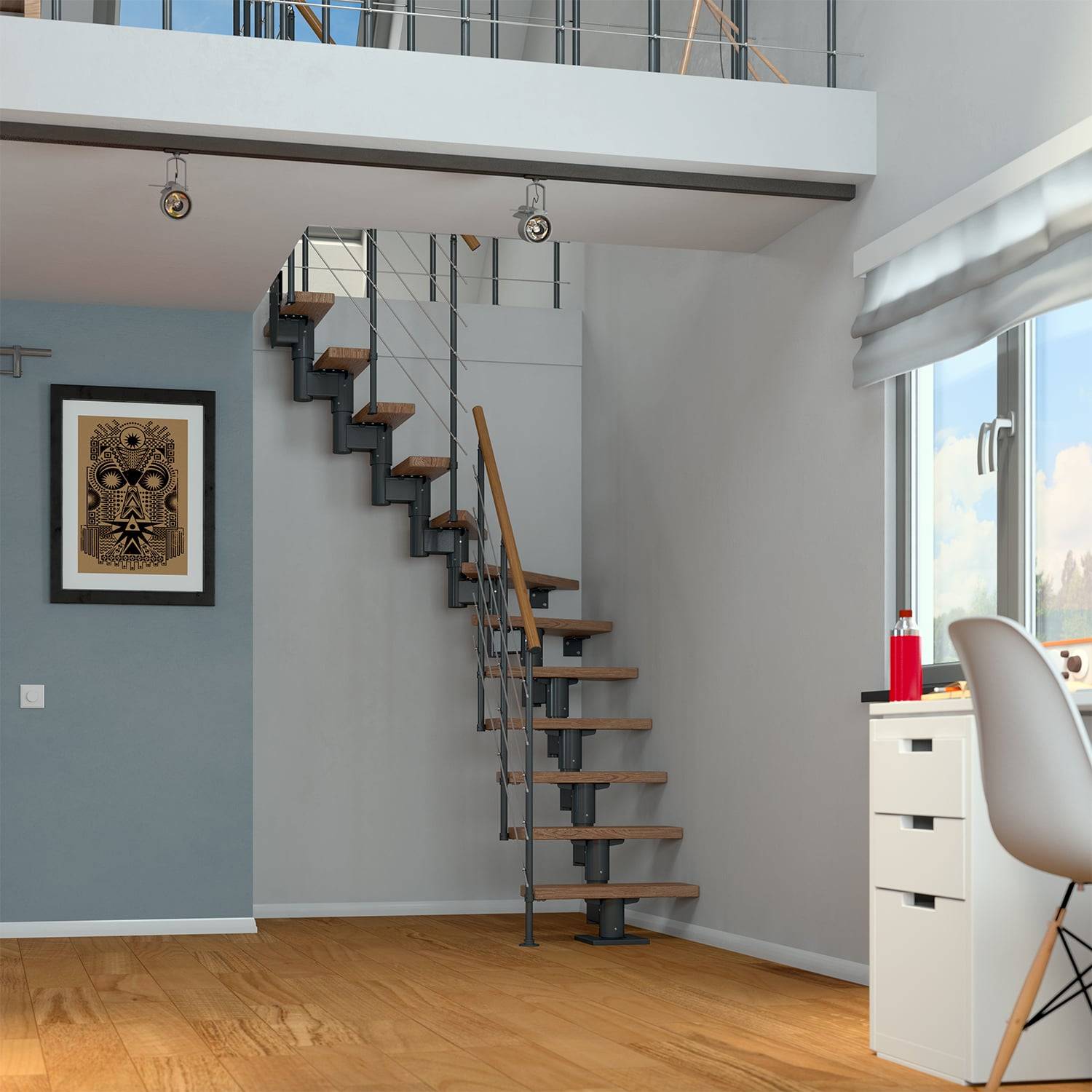 Dolle Mittelholmtreppe Dublin 1/4 gewendelt aus Ahorn lackiert 61 cm breit für GH 278–337 cm UK Metall Anthrazit mit-1