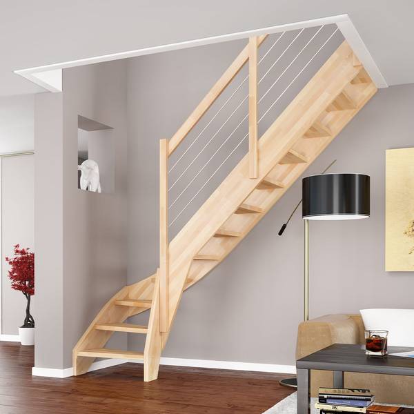 Dolle Raumspartreppe Faro 1/4-gewendelt 243-299cm GH 55-75cm breit Buche unbehandelt Relinggeländer aus Edelstahl