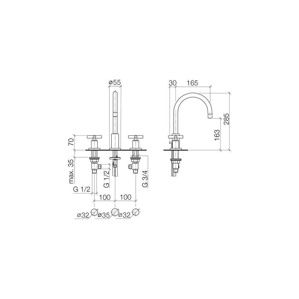 Dornbracht Waschtisch-Dreilochbatterie Tara mit Ablaufgarnitur, schwenkbar, 165mm, 7l/min, Chrom, 20713892-00-3