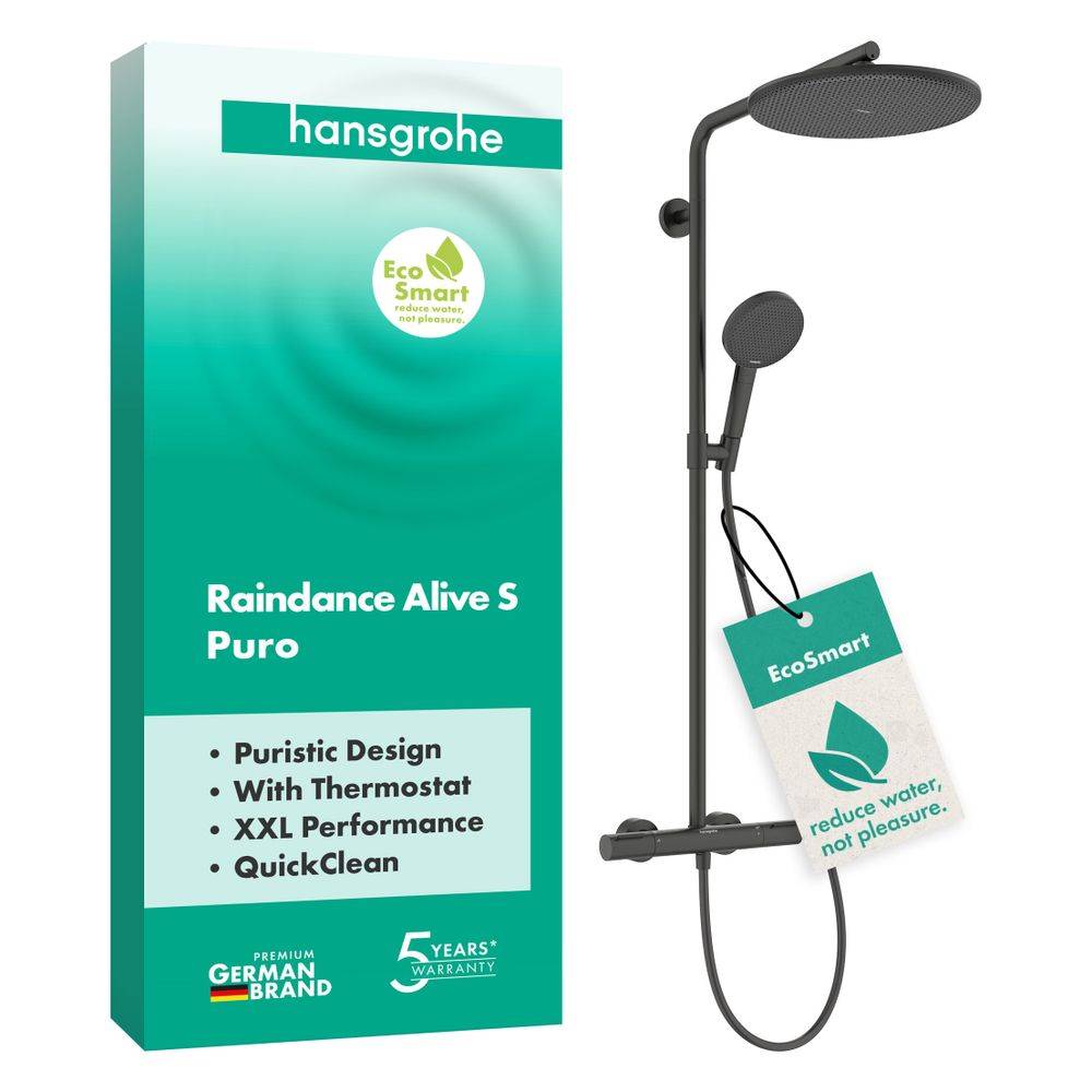 Hansgrohe Raindance Alive S Puro Showerpipe Duschsystem 300mm, 1jet EcoSmart, Ecostat Element, Brushed Black Chrome-3