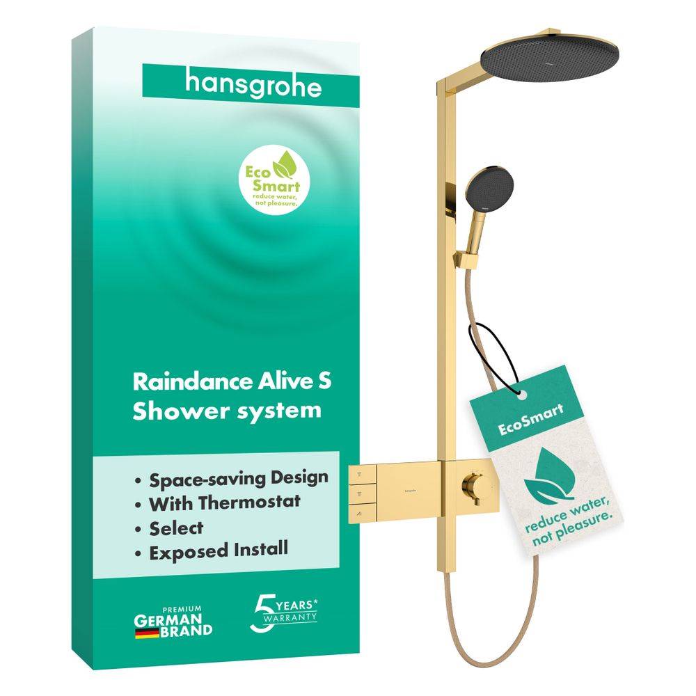 Hansgrohe Raindance Alive S Showerpipe Duschsystem 300mm, 2jet EcoSmart, ShowerSelect Comfort, Polished Gold Optic-3