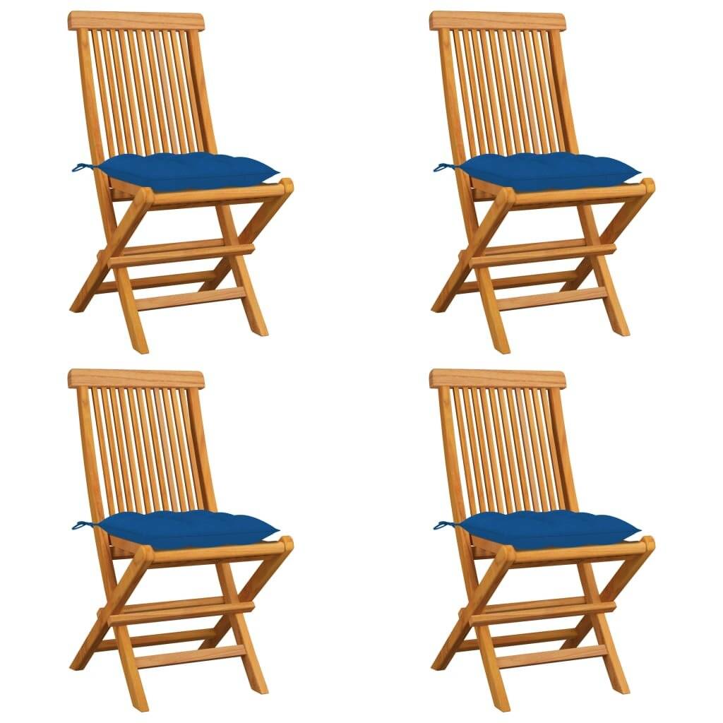 Gartenstühle mit Blauen Kissen 4 Stk. Massivholz Teak-0