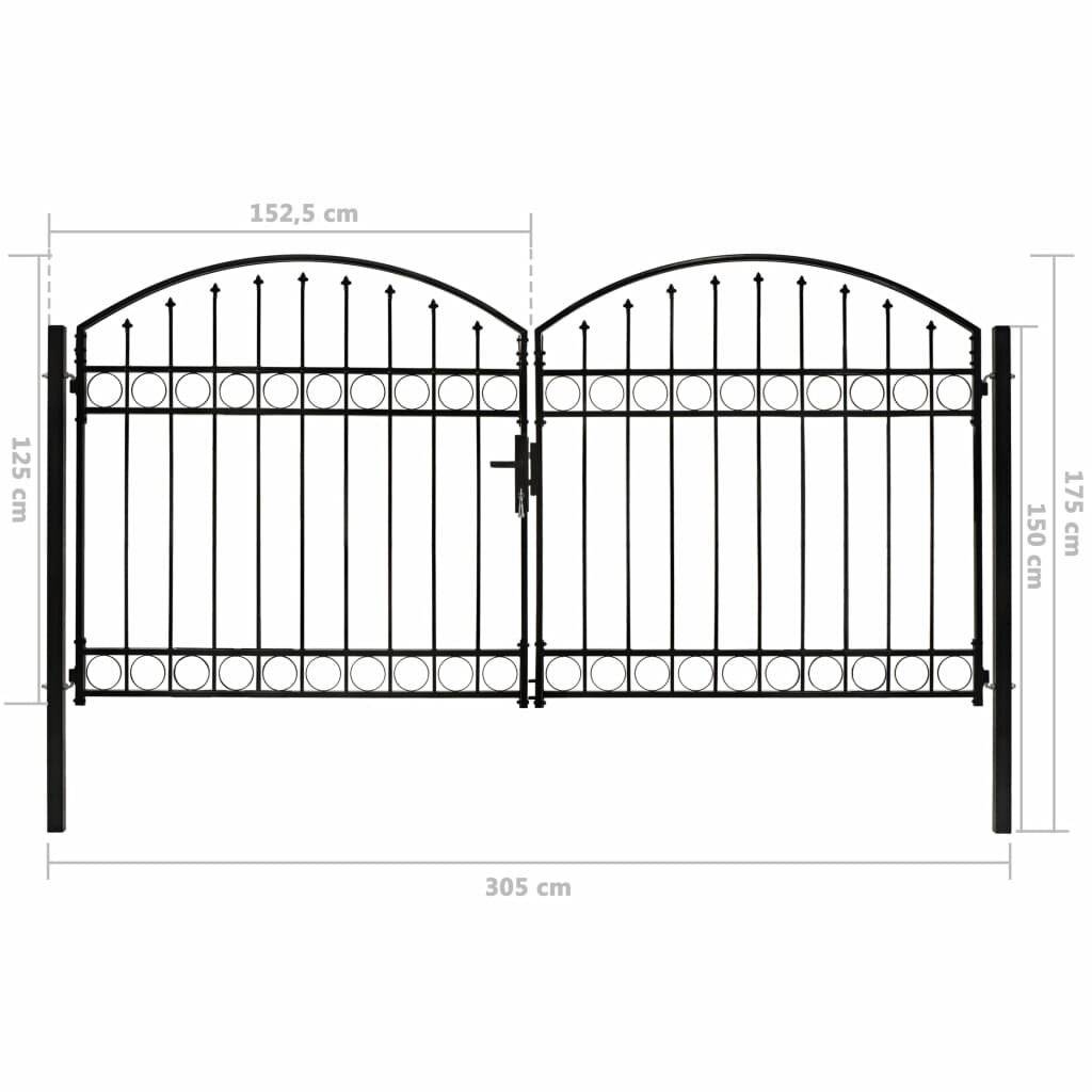 Zauntor Doppelflügel Gewölbte Spitze Stahl 300 x 125 cm Schwarz-4