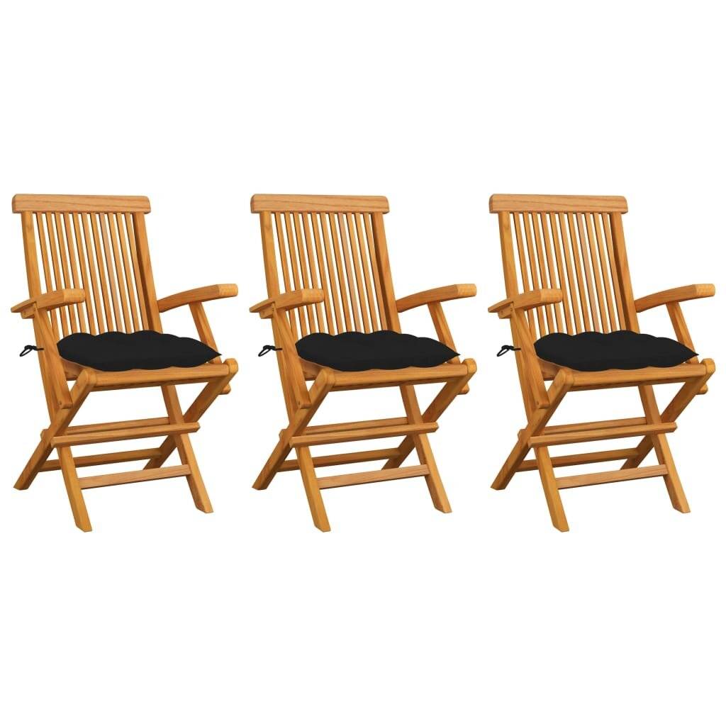 Gartenstühle mit Schwarzen Kissen 3 Stk. Massivholz Teak-0