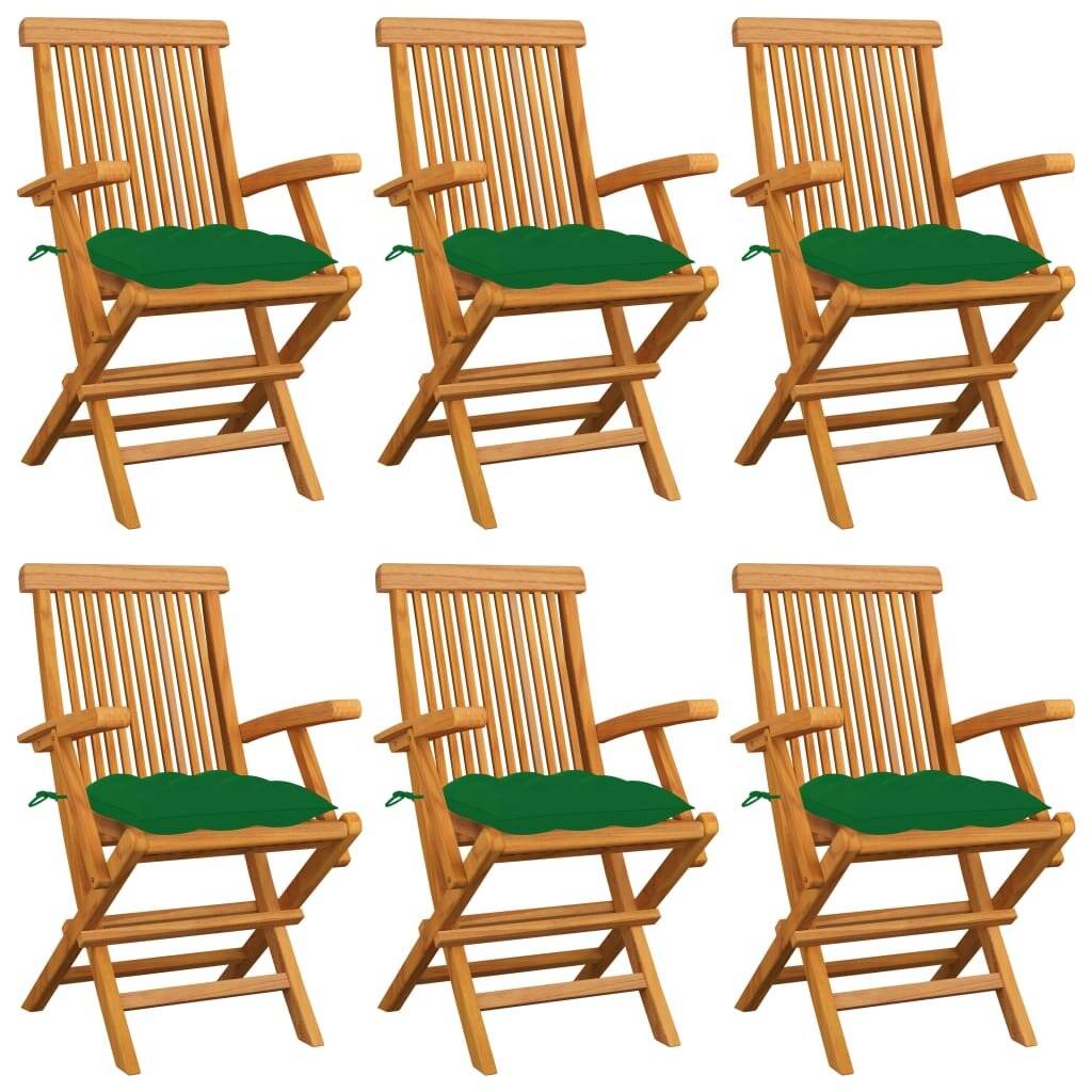 Gartenstühle mit Grünen Kissen 6 Stk. Massivholz Teak-0