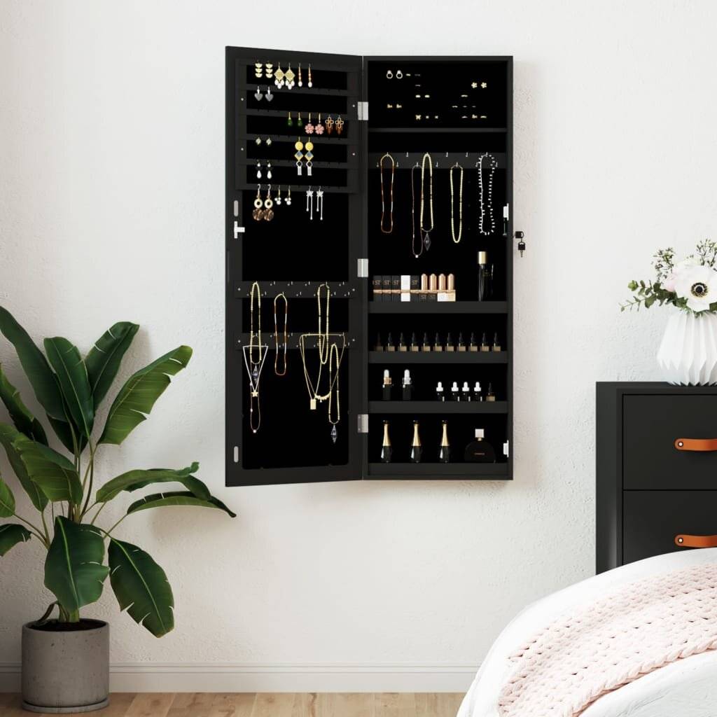 Schmuckschrank mit Spiegel Wandmontage Schwarz 37,5x10x106 cm-0