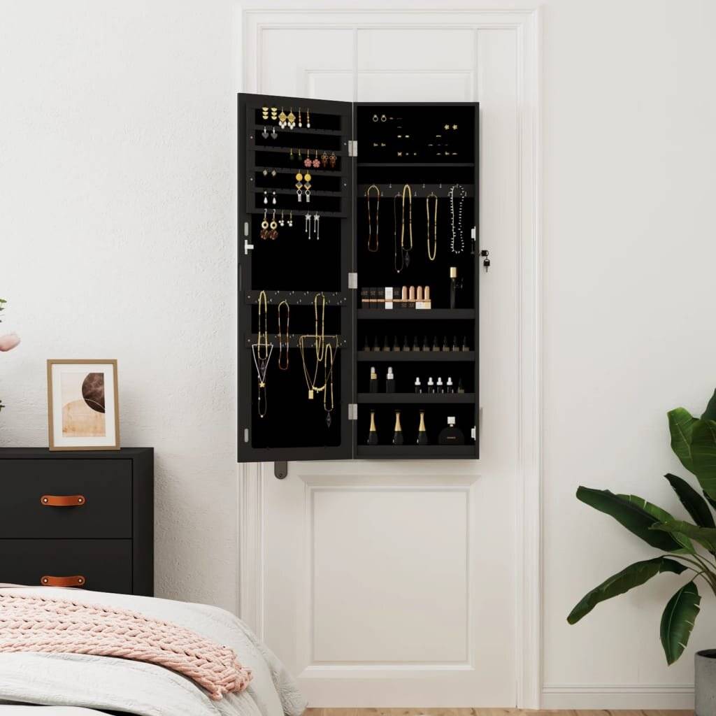 Schmuckschrank mit Spiegel Wandmontage Schwarz 37,5x10x106 cm-2