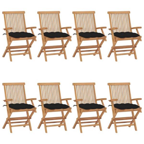 Gartenstühle mit Schwarzen Kissen 8 Stk. Massivholz Teak