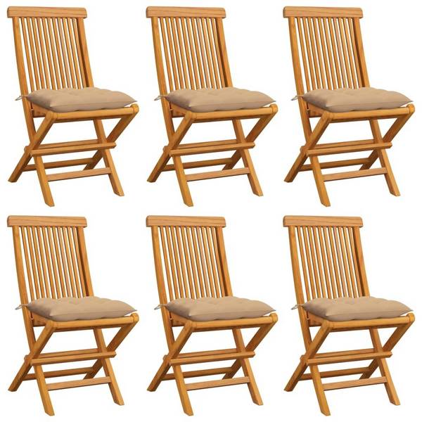 Gartenstühle mit Beige Kissen 6 Stk. Massivholz Teak