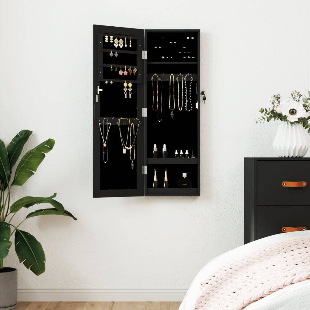 Schmuckschrank mit Spiegel Wandmontage Schwarz 30x8,5x90 cm-0