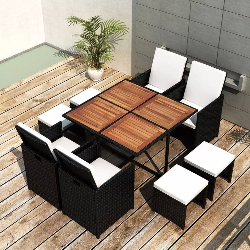 9-tlg. Garten-Essgruppe Poly Rattan Akazienholz Schwarz-1