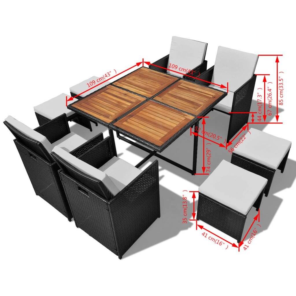 Symbolbild für 9-tlg. Garten-Essgruppe Poly Rattan Akazienholz Schwarz
