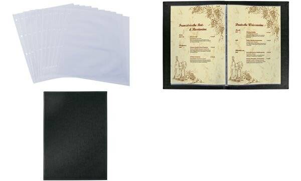 SIGEL Speisekarten-Mappe mit Buchschrauben-Bindung, schwarz, mit 4 Einzel-Transparenthüllen für 8 Seiten, für A4-8