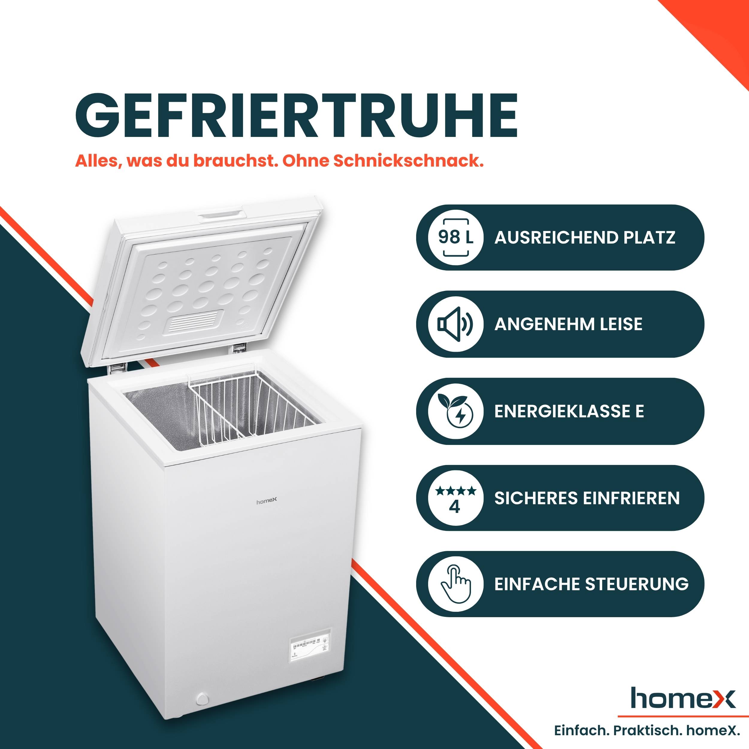 homeX FT0981-W Gefriertruhe, Tiefkühltruhe klein - 98 Liter Nutzinhalt, 4-Sterne Gefrieren, Kühltruhe, leise 38 dB-2