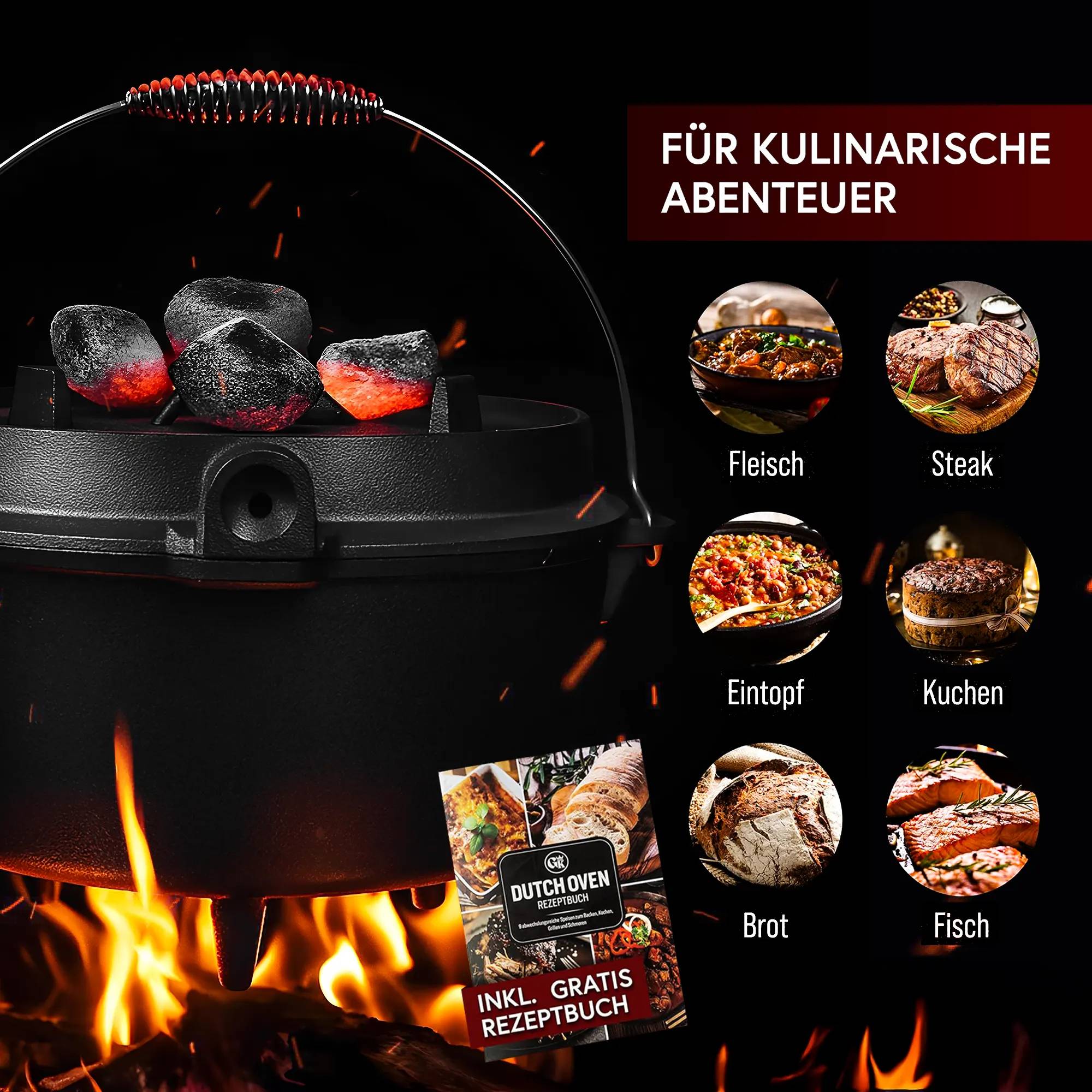 Gusskönig Eingebrannter Dutch Oven Set 9L mit Fuesse