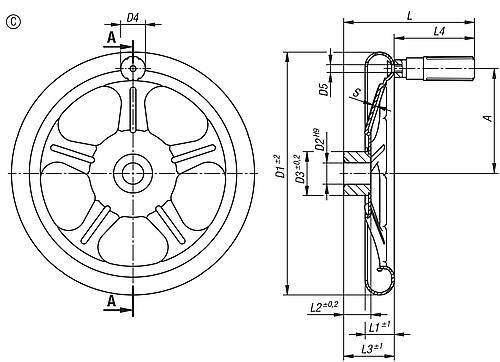HANDRAD PASSBOHRUNG, MIT GRIFF, D1=250, D2=22H9, FORM:C 5-SPEICHEN, EDELSTAHL A4 1.4404 MATT GESTRAHLT-1