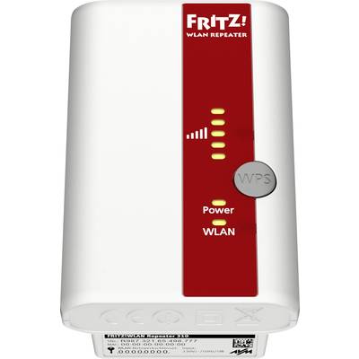 Ein WLAN-Repeater mit Beschriftung 'FRITZ!' zeigt LEDs für Signalstärke, Power und WLAN. Eine WPS-Taste ist sichtbar.