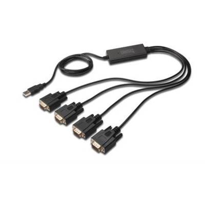 Ein USB-zu-VGA-Adapter mit einem USB-Stecker und vier VGA-Steckern, geeignet zum Anschließen mehrerer Bildschirme an einen PC.