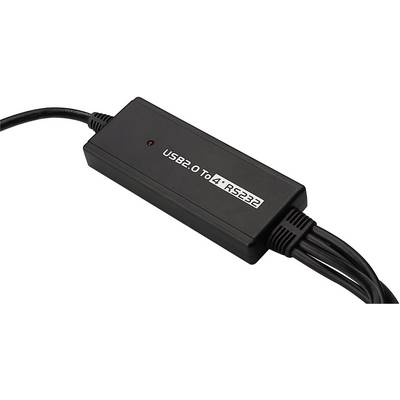 Schwarzer Adapter mit der Aufschrift 'USB2.0 To 4*RS232', dient zur Konvertierung von USB zu RS232-Schnittstellen.