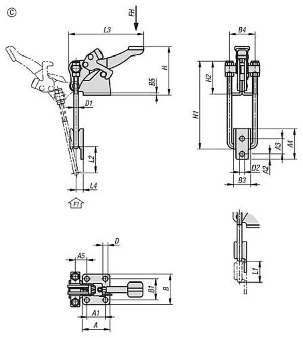 BÜGELSPANNER VERTIKAL, MIT VERRIEGELUNG, MIT SICHERHEITSVERRIEG. MIT GEGENHALTER, FORM:C, F1=9000,