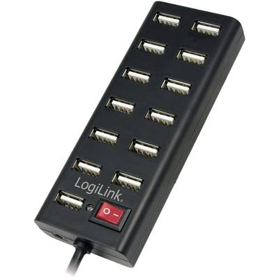 'Schwarzer USB-Hub mit 13 Ports von LogiLink und rotem Ein-/Ausschalter.'