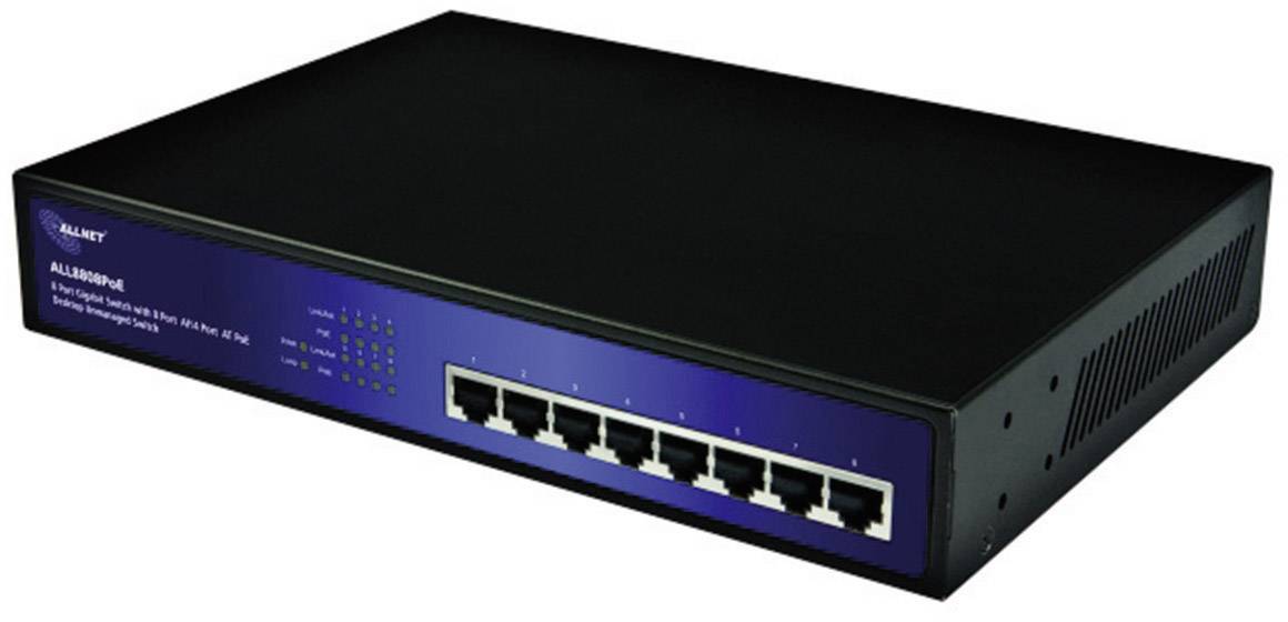ALLNET Switch unmanaged 8 port Gigabit HPoE, 4x PoE+ oder 8x PoE, lüfterlos, internes Netzteil, 19\"\"