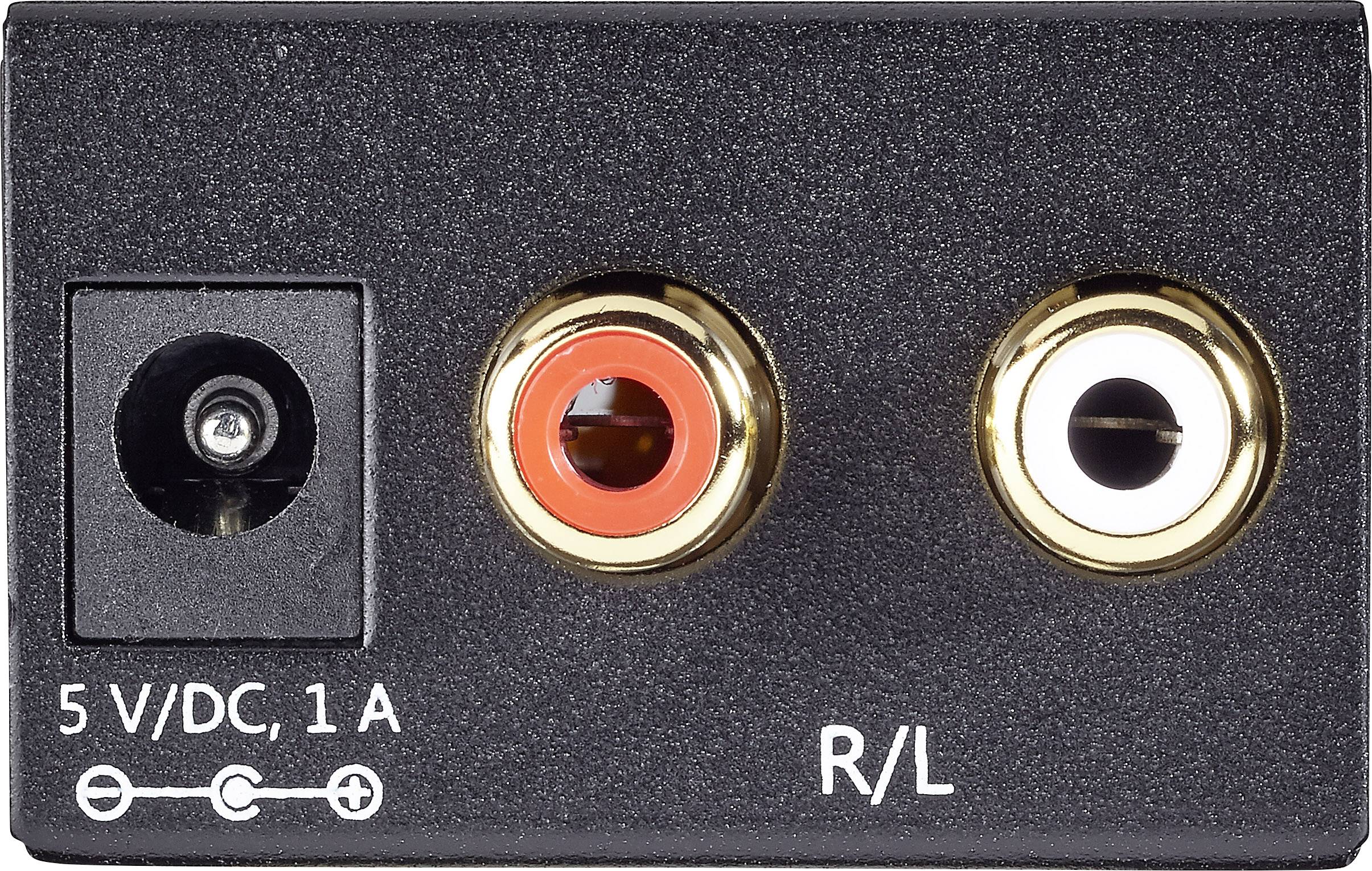 Anschlussfeld mit drei Buchsen: links eine 5V/DC, 1A Buchse, daneben zwei RCA-Anschlüsse für rechten (rot) und linken (weiß) Audio-Kanal.
