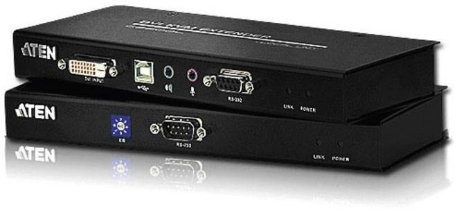 Ein KVM-Extender von ATEN mit DVI, USB, RS-232 und Audioanschlüssen. Das Gerät ermöglicht die Fernverwaltung von Computern.