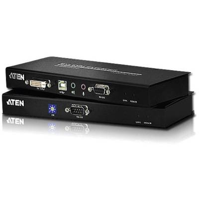 Ein KVM-Extender von ATEN mit DVI, USB, RS-232 und Audioanschlüssen. Das Gerät ermöglicht die Fernverwaltung von Computern.
