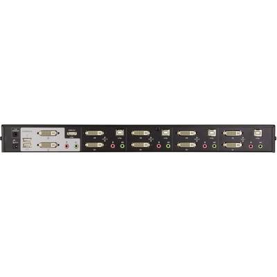 'KVM-Switch mit mehreren DVI-, USB- und Audiobuchsen, die den Anschluss und die Steuerung mehrerer Computer über eine Konsole ermöglichen.'