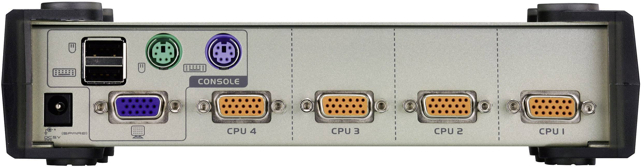 'Rückseite eines KVM-Switches mit vier VGA- und USB-Anschlüssen, PS/2-Ports und Stromanschluss, zur Steuerung mehrerer Computer gleichzeitig.'