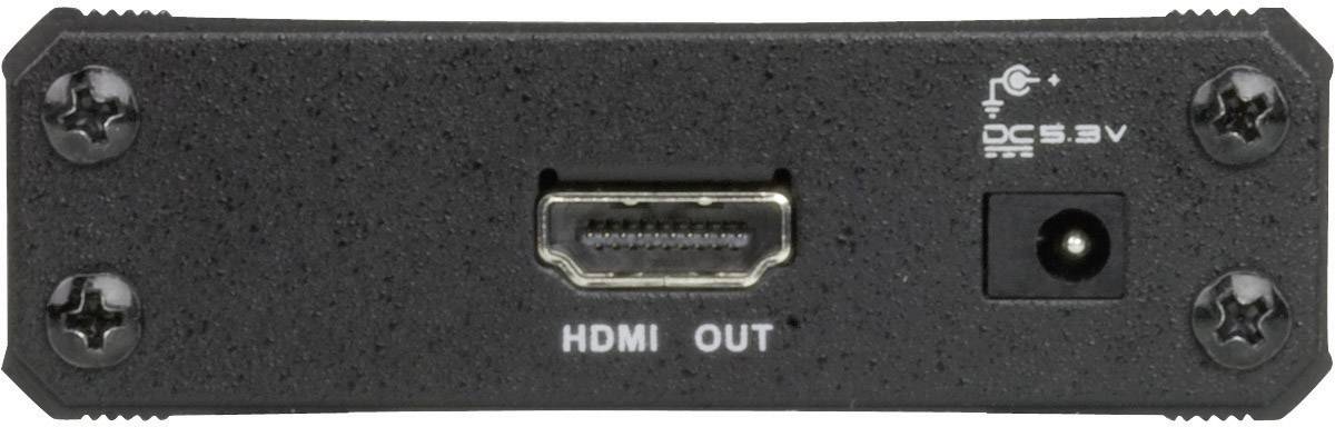 Ein schwarzes Gerät mit einem HDMI-Ausgangsanschluss und einem Netzteileingang mit der Beschriftung ‘DC 5.3V’.