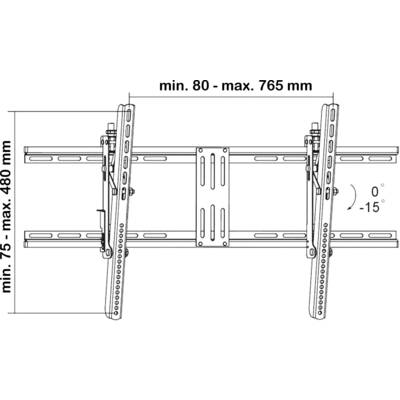 'Technische Zeichnung einer Wandhalterung für Bildschirme. Verstellbare Breite: 80-765 mm, Höhe: 75-480 mm, Neigung: 0° bis -15°.'