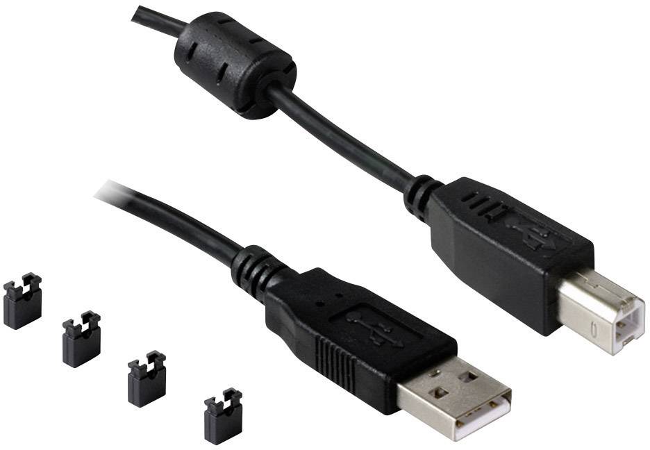 USB-Anschlusskabel mit Ferritkern und zwei Steckern: ein USB-A- und ein USB-B-Stecker. Vier schwarze Kabelklemmen daneben.