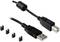 USB-Anschlusskabel mit Ferritkern und zwei Steckern: ein USB-A- und ein USB-B-Stecker. Vier schwarze Kabelklemmen daneben.
