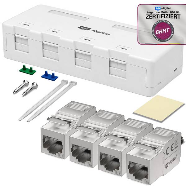 hb-digital Netzwerkdose Aufputz Set Anschlussbox 4-Port mit Keystone Module CAT 6a