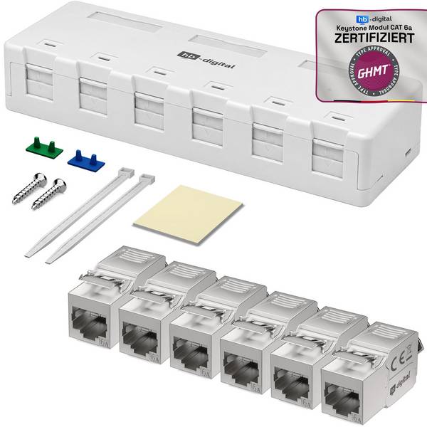 hb-digital Netzwerkdose Aufputz Set Anschlussbox 6-Port mit Keystone Module CAT 6a