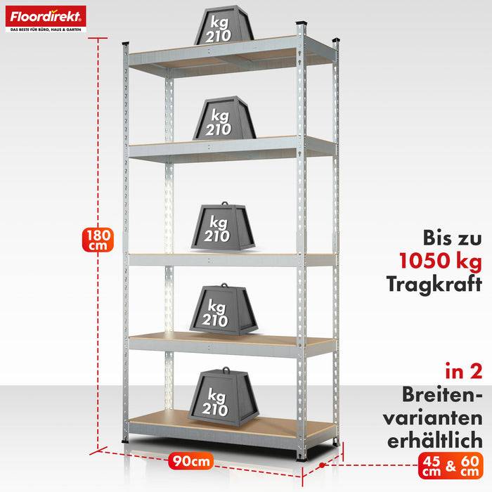 FLOORDIREKT Schwerlastregal Rhino - Lagerregal mit 5 Fachböden - 1050 kg Traglast - Verzinkt - 180 x 90 x 45 cm-1