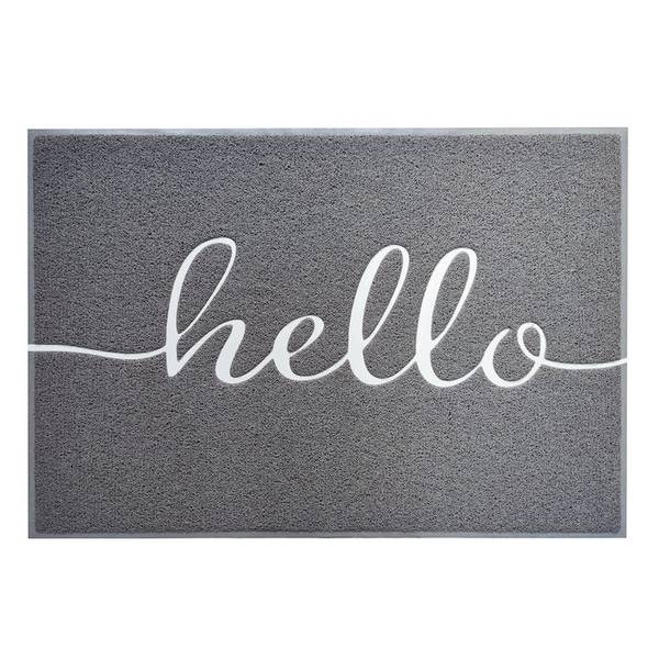 FLOORDIREKT Fußmatte - Vinyl Spaghettimatte mit Aufdruck - Grau Hello - 50 x 80 cm