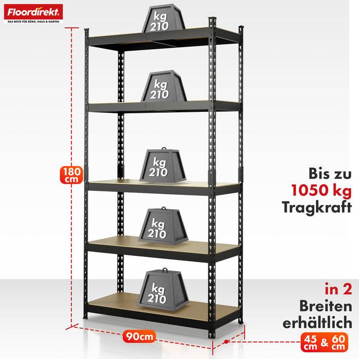 FLOORDIREKT Schwerlastregal Rhino - Lagerregal mit 5 Fachböden - 1050 kg Traglast - Schwarz - 180 x 90 x 60 cm-1